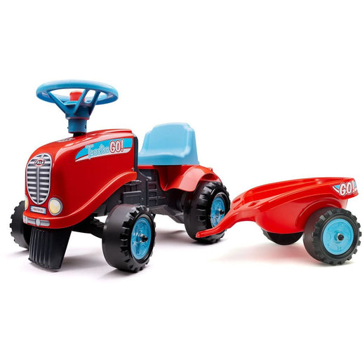 FALK Trattore cavalcabile Go Farm rosso con volante e rimorchio a pianale