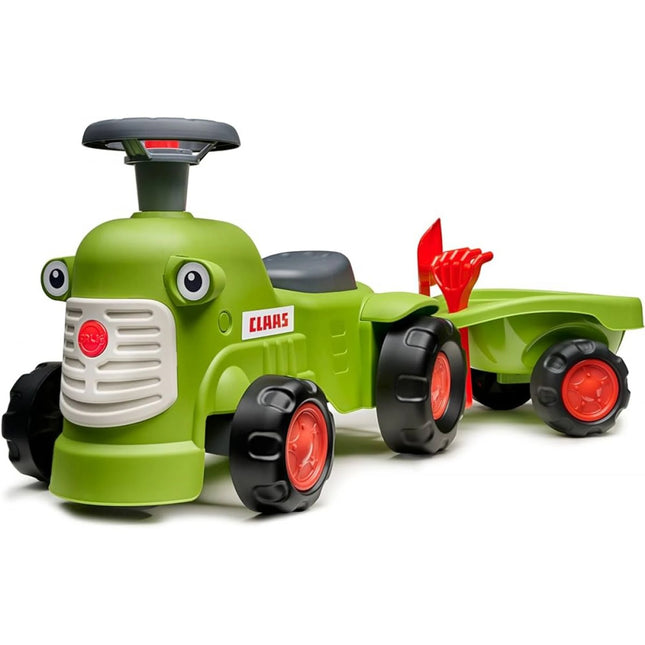 FALK Cavalcabile Trattore Claas verde chiaro con rimorchio a pianale