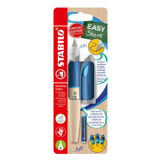 STABILO EASY birdy Timber Penna stilografica ergonomica per destrimani - blu incl. cartuccia d'inchiostro